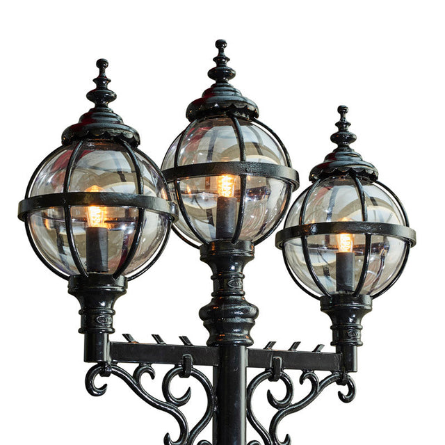 Victorian style globe lamp post triple headed in cast iron