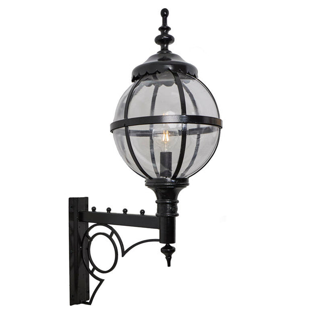 Large Victorian style globe wall light in steel with decorative arm