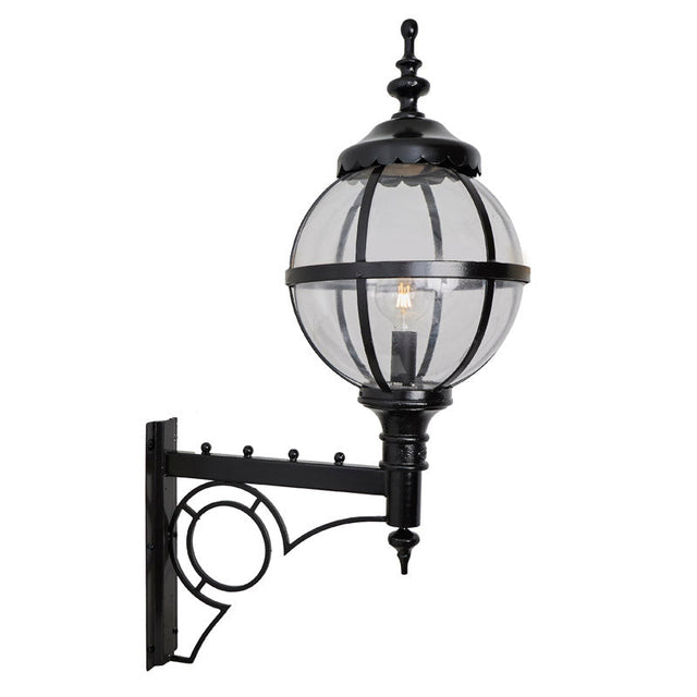 Large Victorian style globe wall light in steel with decorative arm