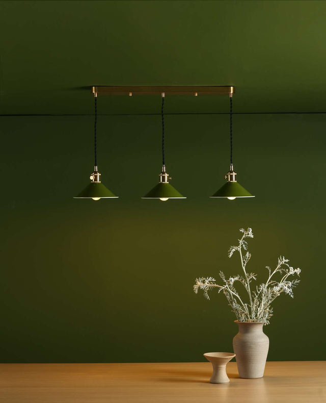 Hadano 3 Light Brass Suspension With Olive Green Shades