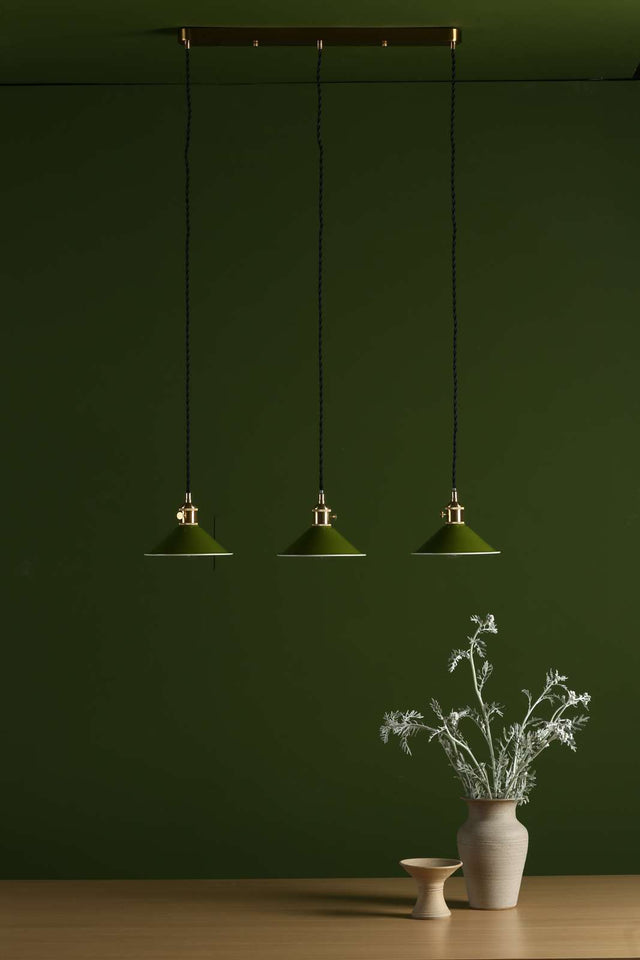 Hadano 3 Light Brass Suspension With Olive Green Shades