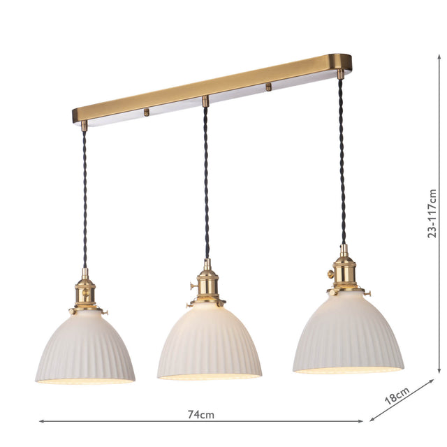 Hadano 3 Light Bar Pendant Natural Brass & Ceramic Domed Shade