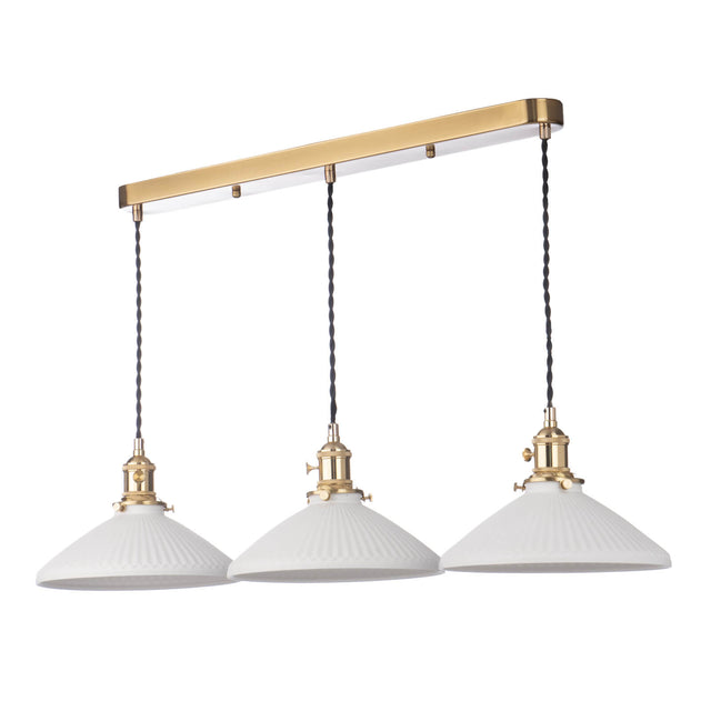 Hadano 3 Light Bar Pendant Natural Brass & Ceramic Shallow Shade