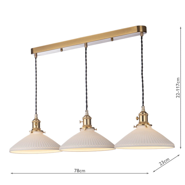 Hadano 3 Light Bar Pendant Natural Brass & Ceramic Shallow Shade