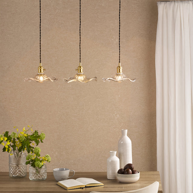 Hadano 3 Light Bar Pendant Natural Brass and Wavy Glass