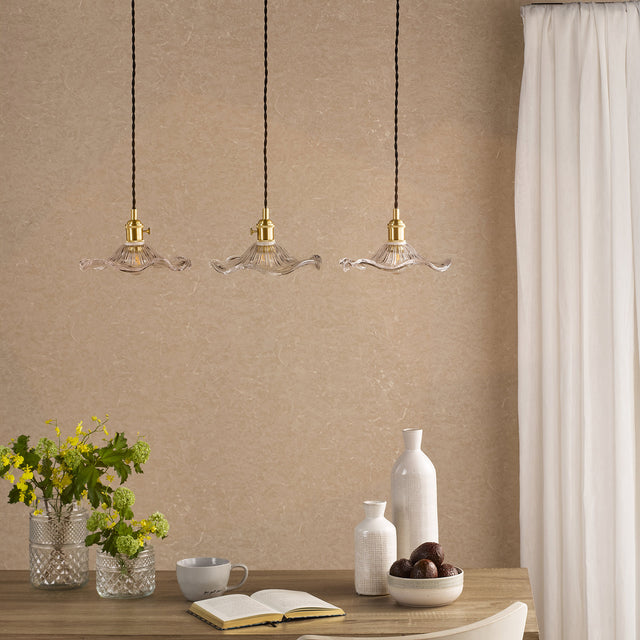 Hadano 3 Light Bar Pendant Natural Brass and Wavy Glass