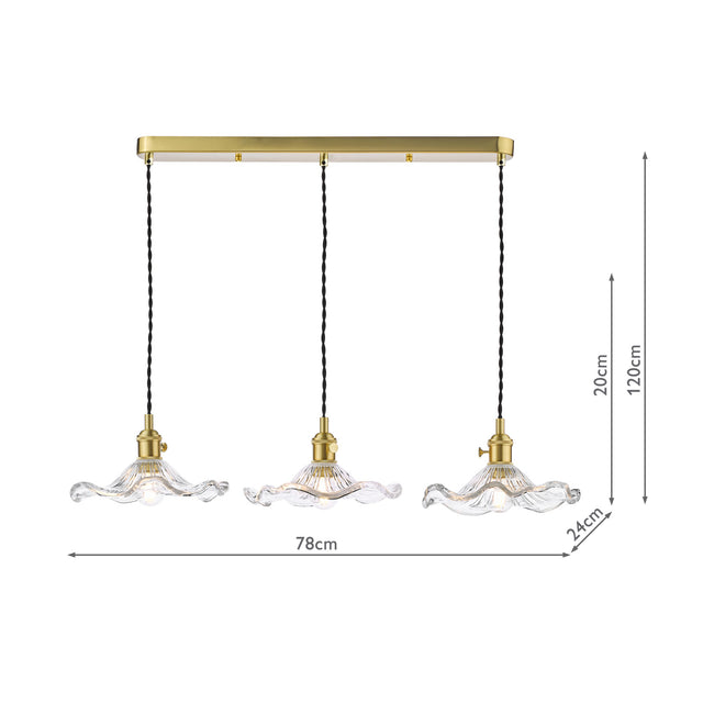 Hadano 3 Light Bar Pendant Natural Brass and Wavy Glass