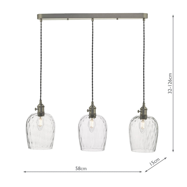 Hadano 3 Light Antique Chrome Suspension With Dimpled Glass Shades