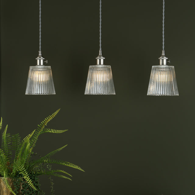 Hadano 3 Light Antique Chrome Suspension With Ribbed Glass Shades