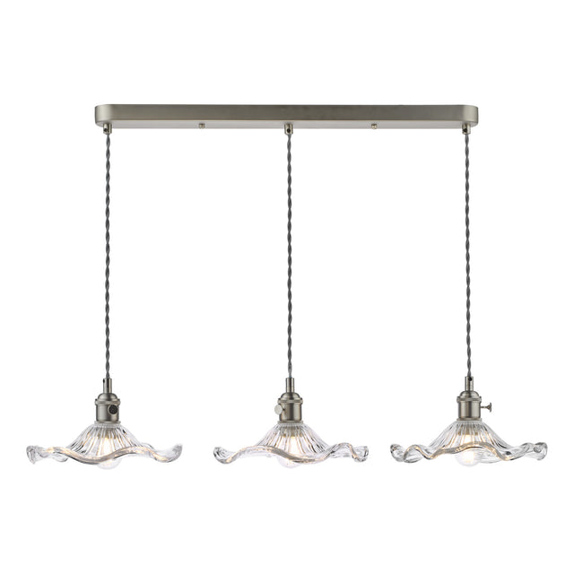 Hadano 3 Light Bar Pendant Antique Chrome and Wavy Glass