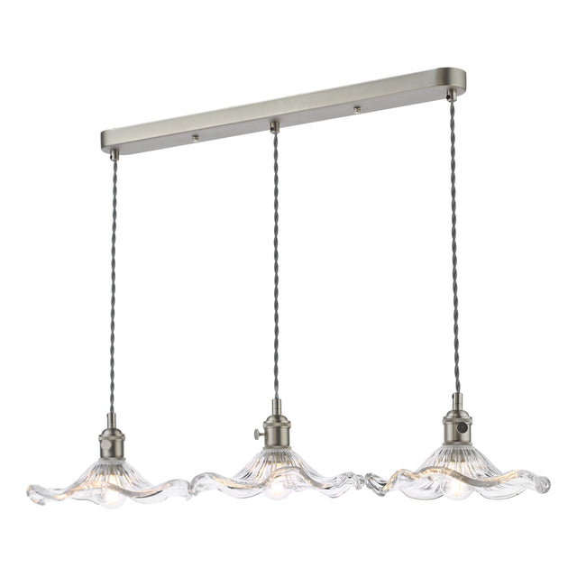 Hadano 3 Light Bar Pendant Antique Chrome and Wavy Glass