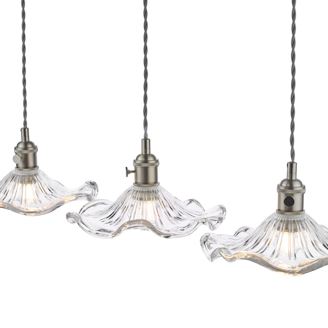 Hadano 3 Light Bar Pendant Antique Chrome and Wavy Glass