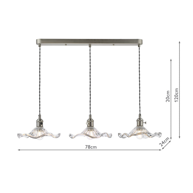 Hadano 3 Light Bar Pendant Antique Chrome and Wavy Glass