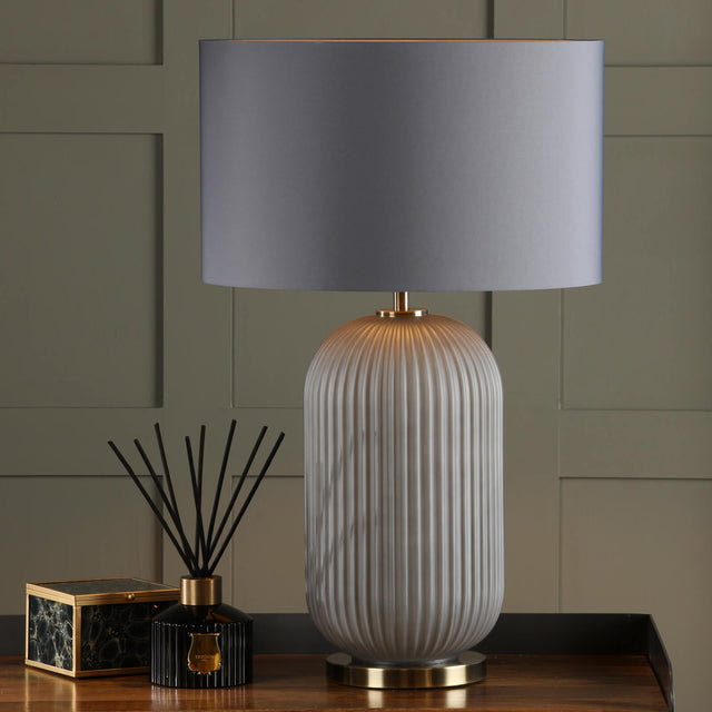 Helicon Table Lamp Grey Ribbed Glass and Antique Brass With Shade