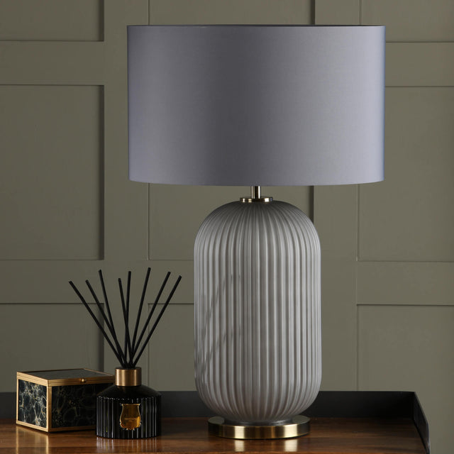 Helicon Table Lamp Grey Ribbed Glass and Antique Brass With Shade