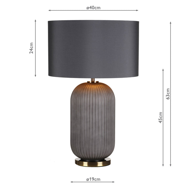 Helicon Table Lamp Grey Ribbed Glass and Antique Brass With Shade