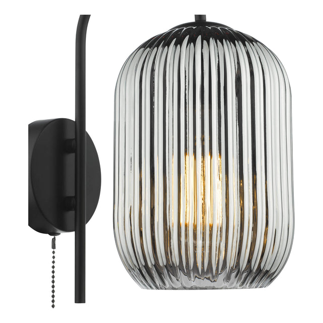 Idra Wall Light Matt Black and Smoked Ribbed Glass