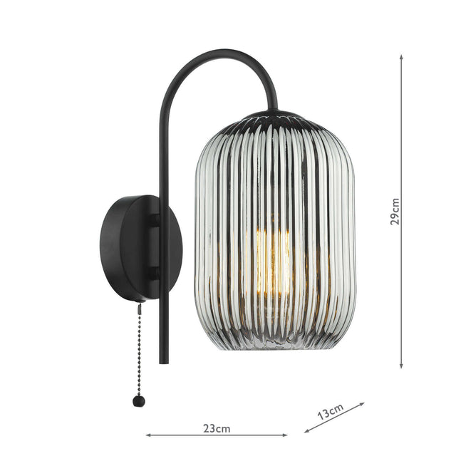 Idra Wall Light Matt Black and Smoked Ribbed Glass