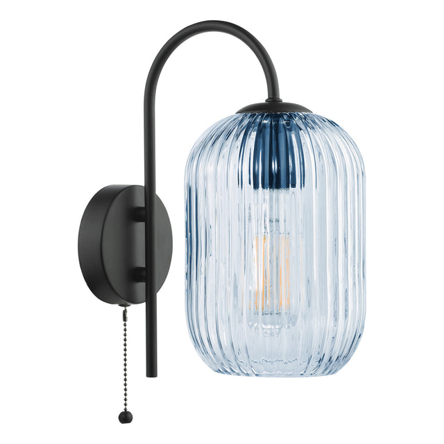 Idra Wall Light Satin Black and Blue Ribbed Glass