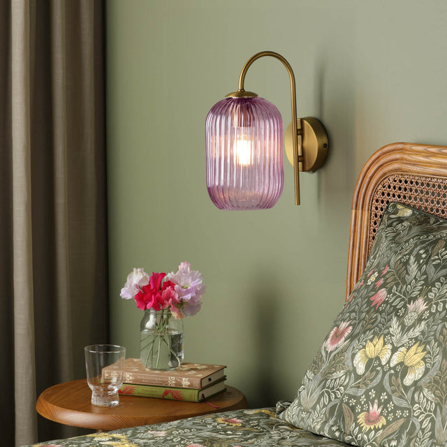 Idra Wall Light Aged Bronze and Pink Ribbed Glass