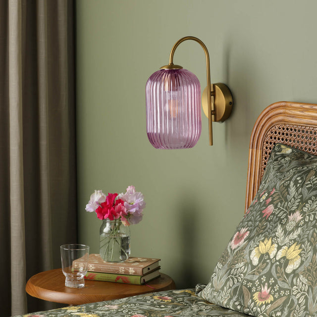 Idra Wall Light Aged Bronze and Pink Ribbed Glass