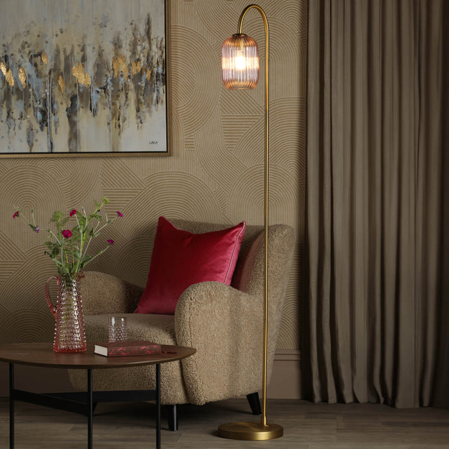 Idra Floor Lamp Aged Bronze and Pink Ribbed Glass