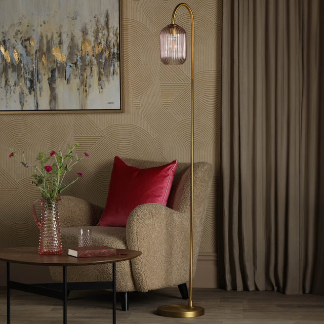 Idra Floor Lamp Aged Bronze and Pink Ribbed Glass