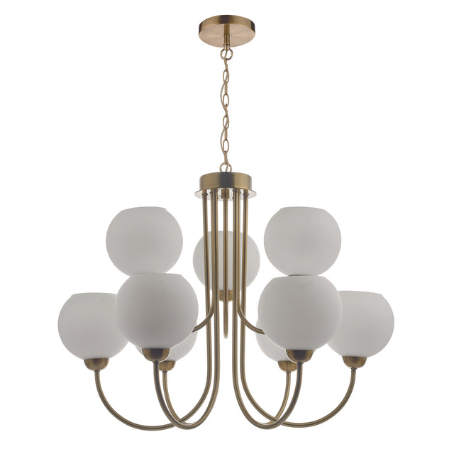 Indra Opal Glass Globe 9 Light Pendant Natural Brass