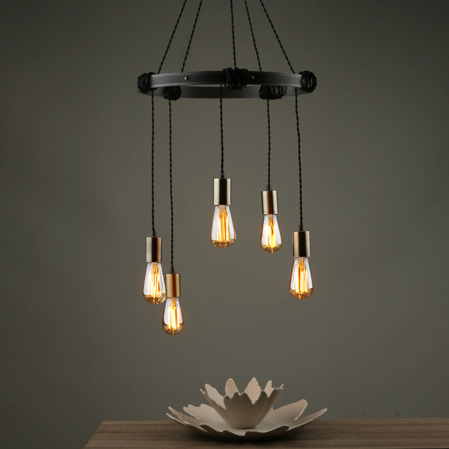 Ivan 5 Light Pendant Rustic Wood Aged Brass Detail