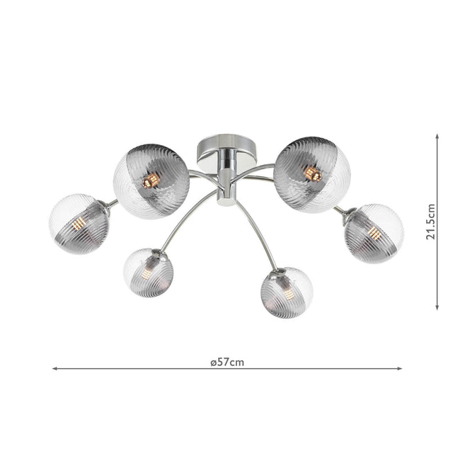 Izzy 6 Light Semi-Flush Polished Chrome & Smoked/Clear Ribbed Glass