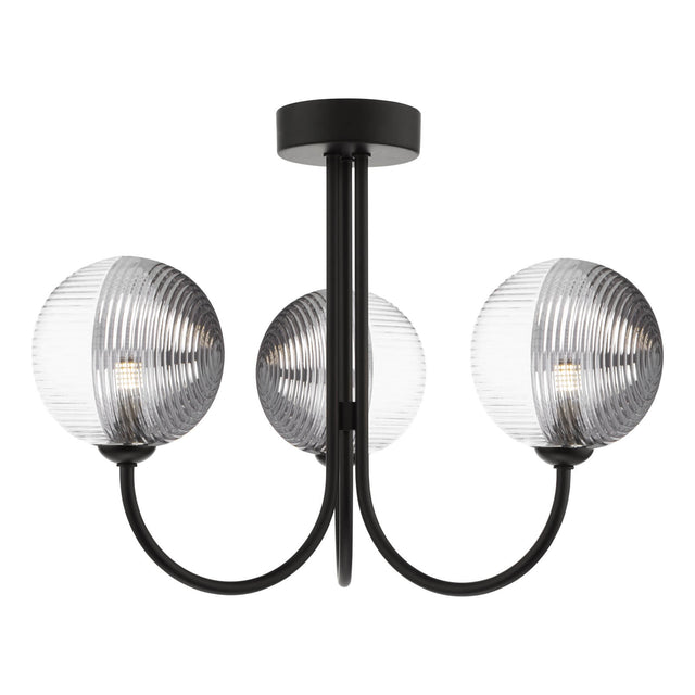 Jared 3 Light Semi-Flush Matt Black & Smoked/Clear Ribbed Glass