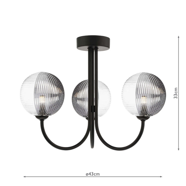 Jared 3 Light Semi-Flush Matt Black & Smoked/Clear Ribbed Glass