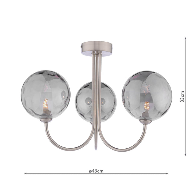 Jared 3 Light Semi-Flush Satin Nickel and Smoked Dimpled Glass