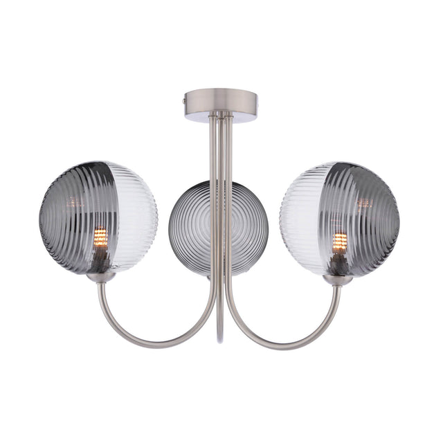 Jared 3 Light Semi-Flush Satin Nickel & Smoked/Clear Ribbed Glass