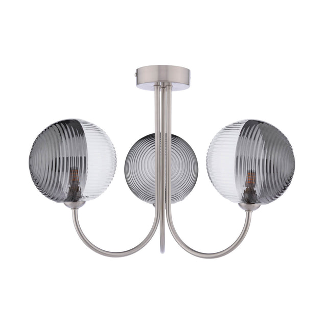 Jared 3 Light Semi-Flush Satin Nickel & Smoked/Clear Ribbed Glass