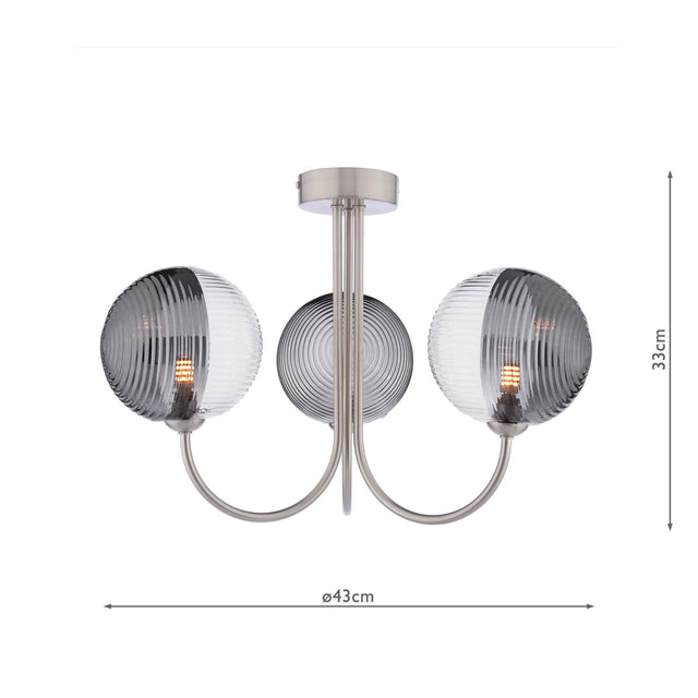 Jared 3 Light Semi-Flush Satin Nickel & Smoked/Clear Ribbed Glass