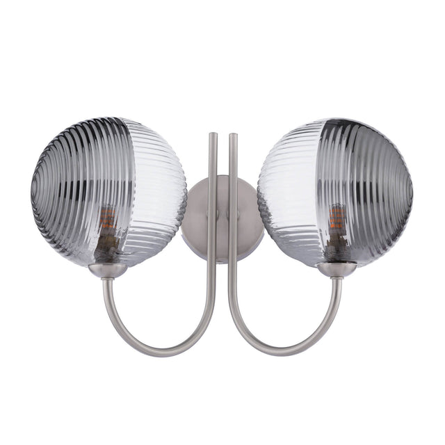 Jared 2 Light Wall Light Satin Nickel & Smoked/Clear Ribbed Glass