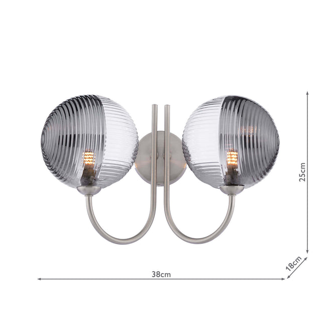 Jared 2 Light Wall Light Satin Nickel & Smoked/Clear Ribbed Glass