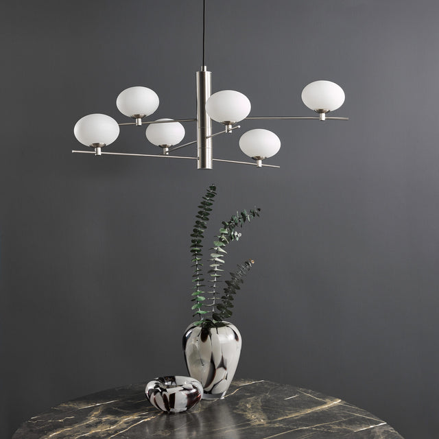 Jasper 6 Light Pendant Satin Nickel and Opal Glass