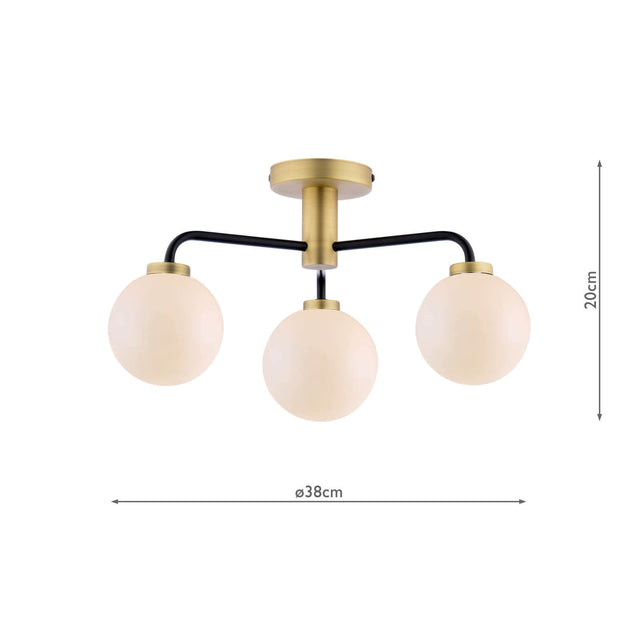 Lainey 3 Light Semi-Flush Matt Black & Opal Glass