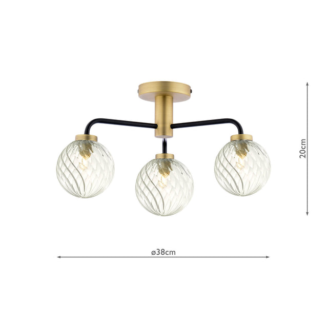 Lainey 3 Light Semi-Flush Matt Black & Twisted Glass