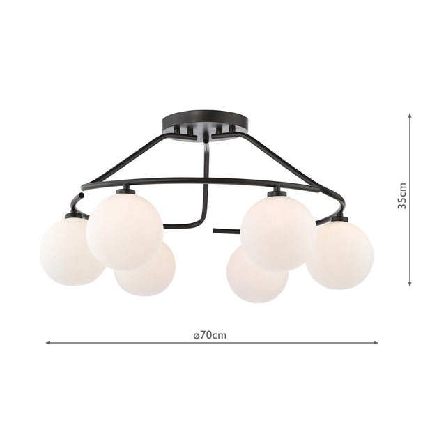 Luana 6 Light Semi-Flush Matt Black and Opal Glass