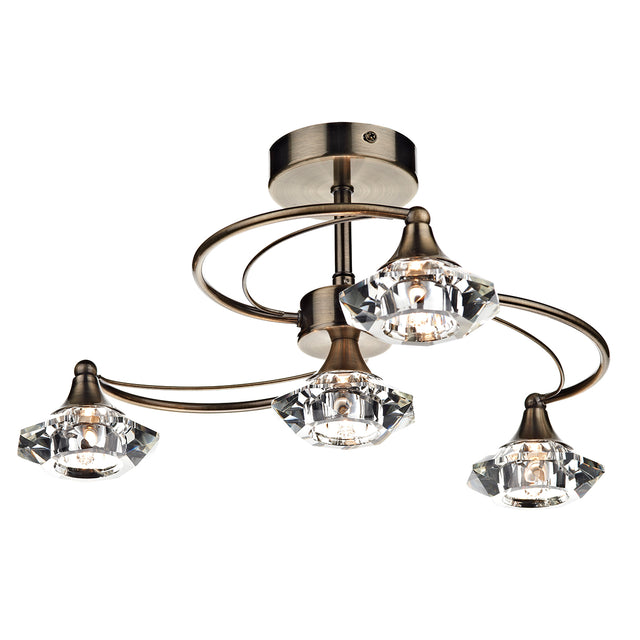 Luther 4 Light Semi Flush Antique Brass Crystal