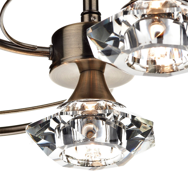 Luther 4 Light Semi Flush Antique Brass Crystal