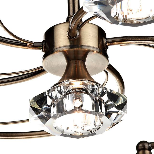 Luther 6 Light Semi Flush Antique Brass Crystal