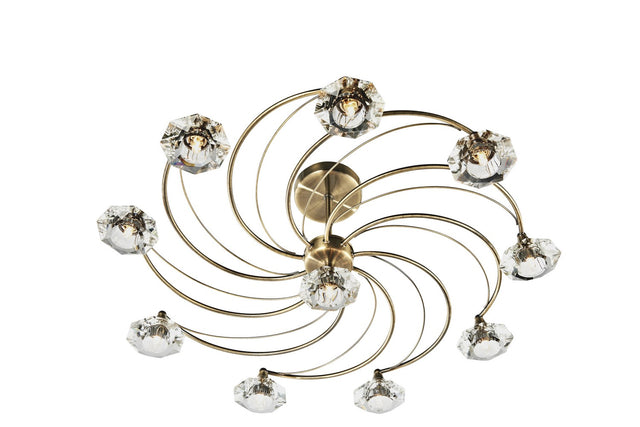 Luther 10 Light Semi Flush Antique Brass Crystal