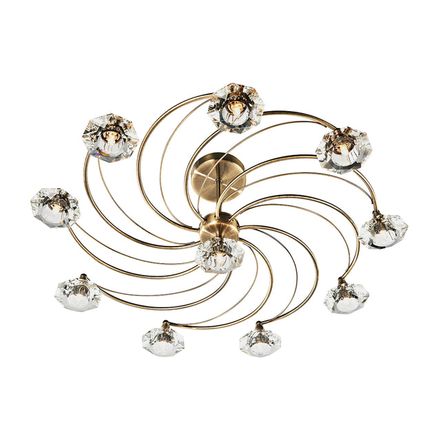 Luther 10 Light Semi Flush Antique Brass Crystal