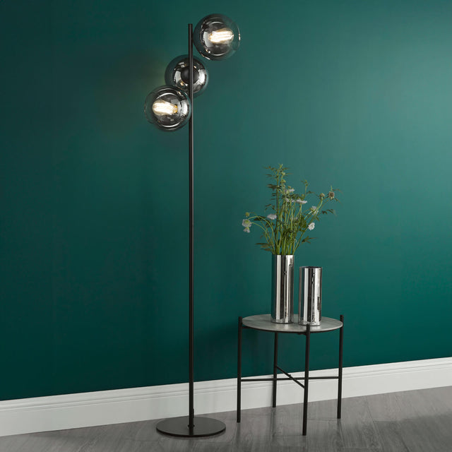 Lycia 3 Light Floor Lamp Matt Black and Smoked Ombre Glass