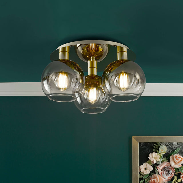 Lycia 3 Light Flush Satin Gold and Gold Ombre Glass