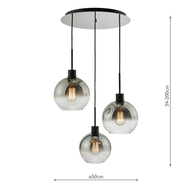 Lycia 3 Light Cluster Pendant Matt Black Smoked Ombre Glass